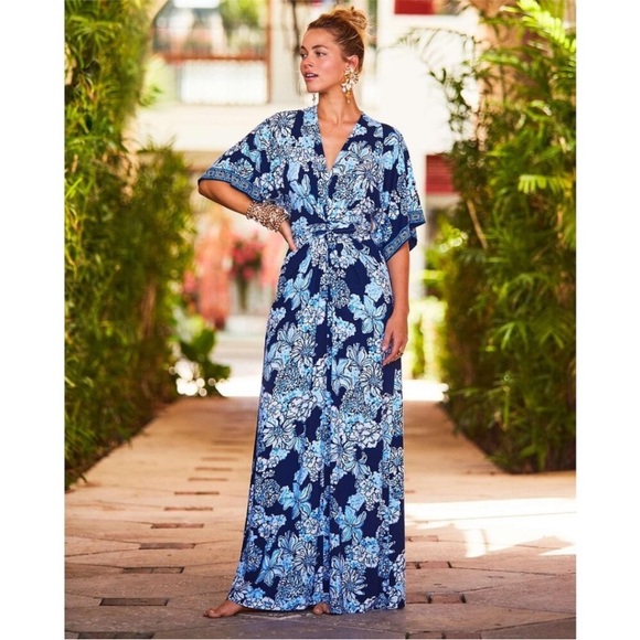 Lilly Pulitzer Wisteria V-Neck Maxi Dress in Low Tidy Navy NWT - Size 8 - Picture 1 of 11